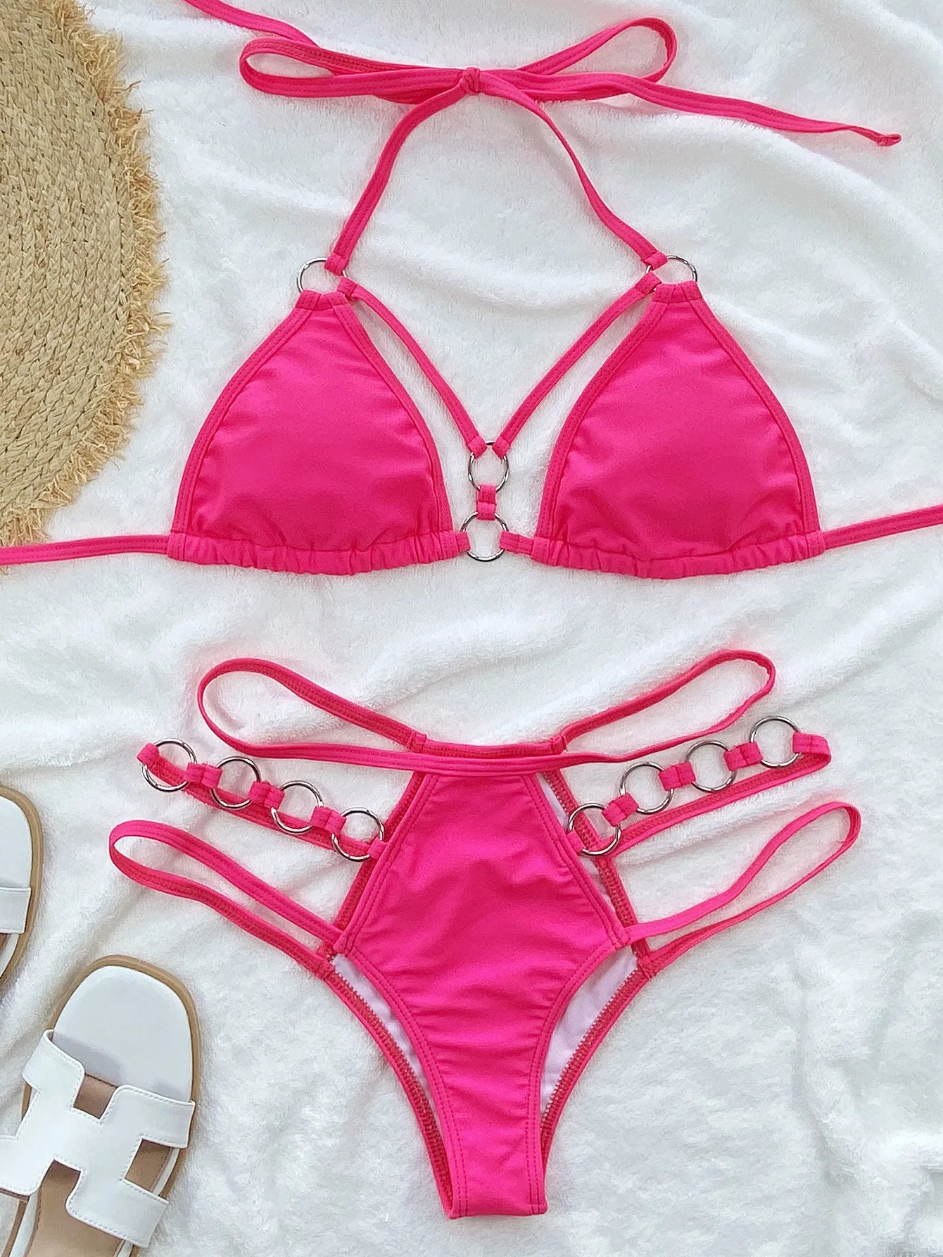 Sexy Solid Hot Pink Bikini 2024 New Women Hollow Out Metal Chain High Waist Swimsuit Beach Push Up Bathing Suit Summer Swimwear