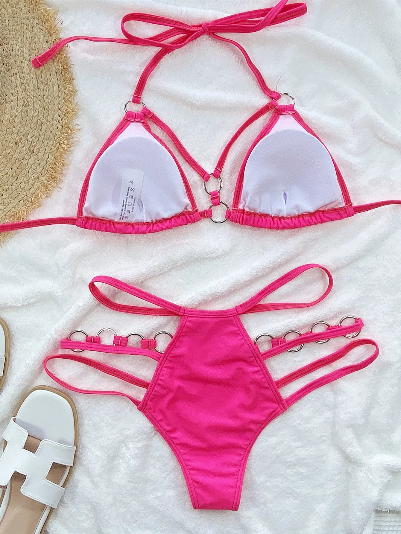 Sexy Solid Hot Pink Bikini 2024 New Women Hollow Out Metal Chain High Waist Swimsuit Beach Push Up Bathing Suit Summer Swimwear