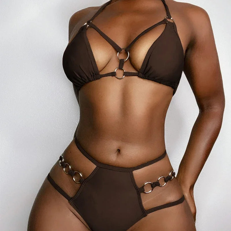 Sexy Solid Hot Pink Bikini 2024 New Women Hollow Out Metal Chain High Waist Swimsuit Beach Push Up Bathing Suit Summer Swimwear