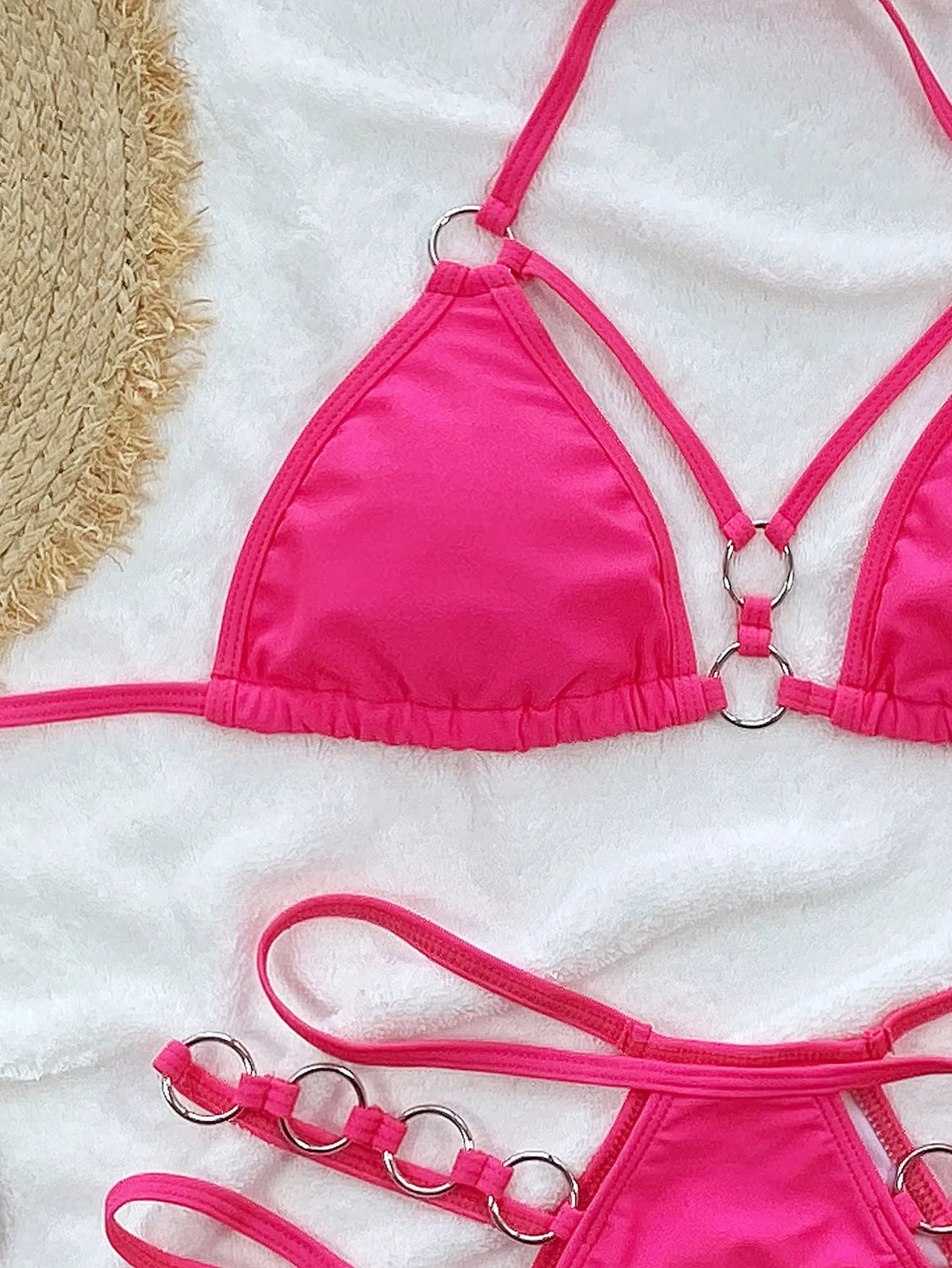 Sexy Solid Hot Pink Bikini 2024 New Women Hollow Out Metal Chain High Waist Swimsuit Beach Push Up Bathing Suit Summer Swimwear